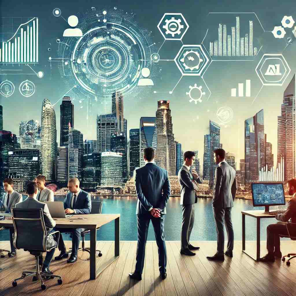 Modern financial brokerage office in Dubai with a skyline view, diverse advisors collaborating, and advanced technology elements like graphs, charts, and AI icons.